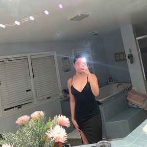 Shiny matte black midi dress with slit